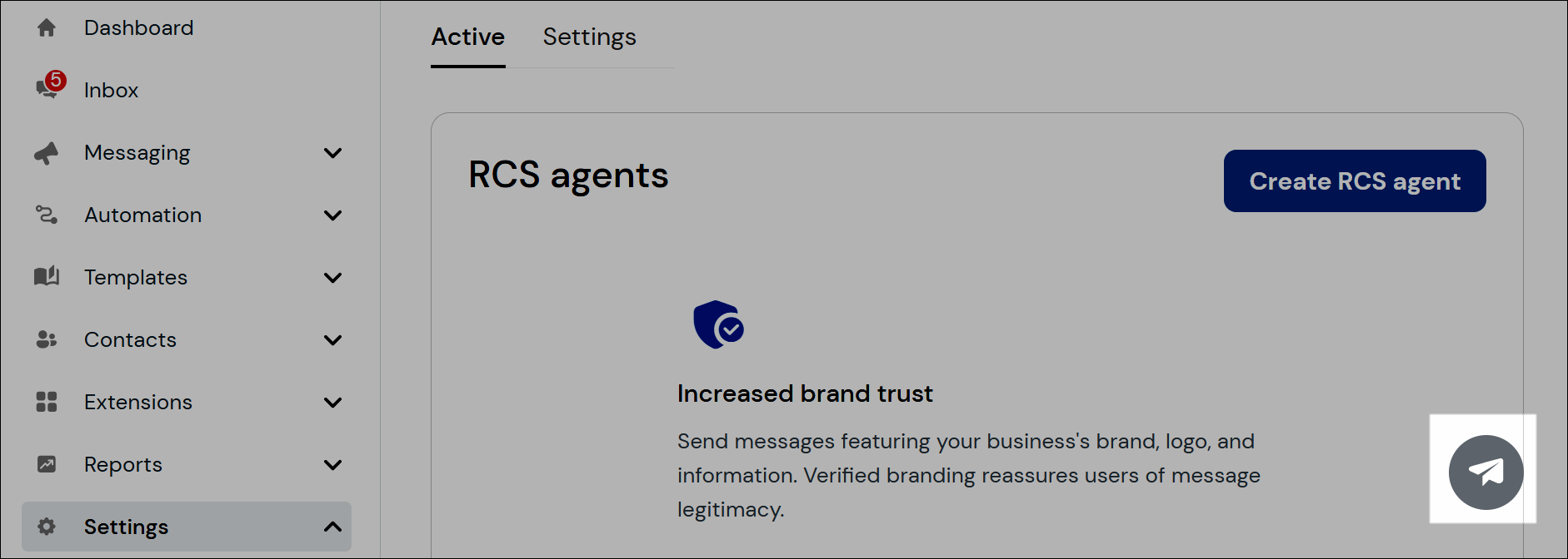 Screenshot showing the quick message icon, located in the bottom right corner of the web portal.