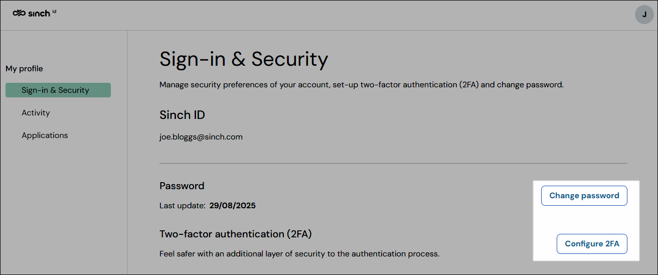 Screenshot showing change password and configure 2FA buttons.