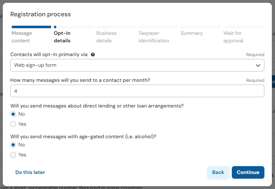 Screenshot of 'Opt-in details' fields