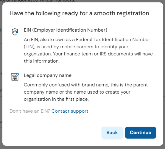 Screenshot of EIN/ legal company name modal