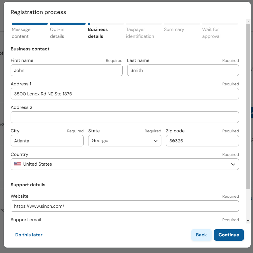 Screenshot of 'Business details' fields