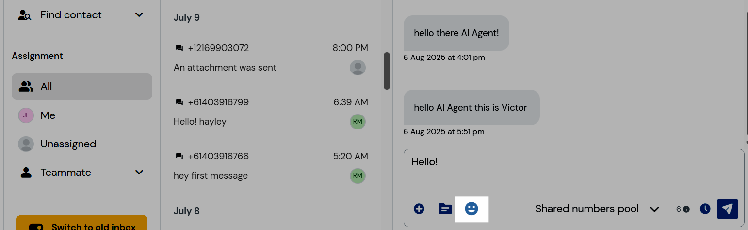 Screenshot showing the location of the emoji icon in the message editor.