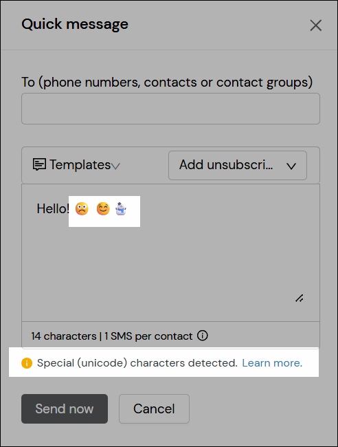 Screenshot showing the unicode warning indicator under the text editor box.