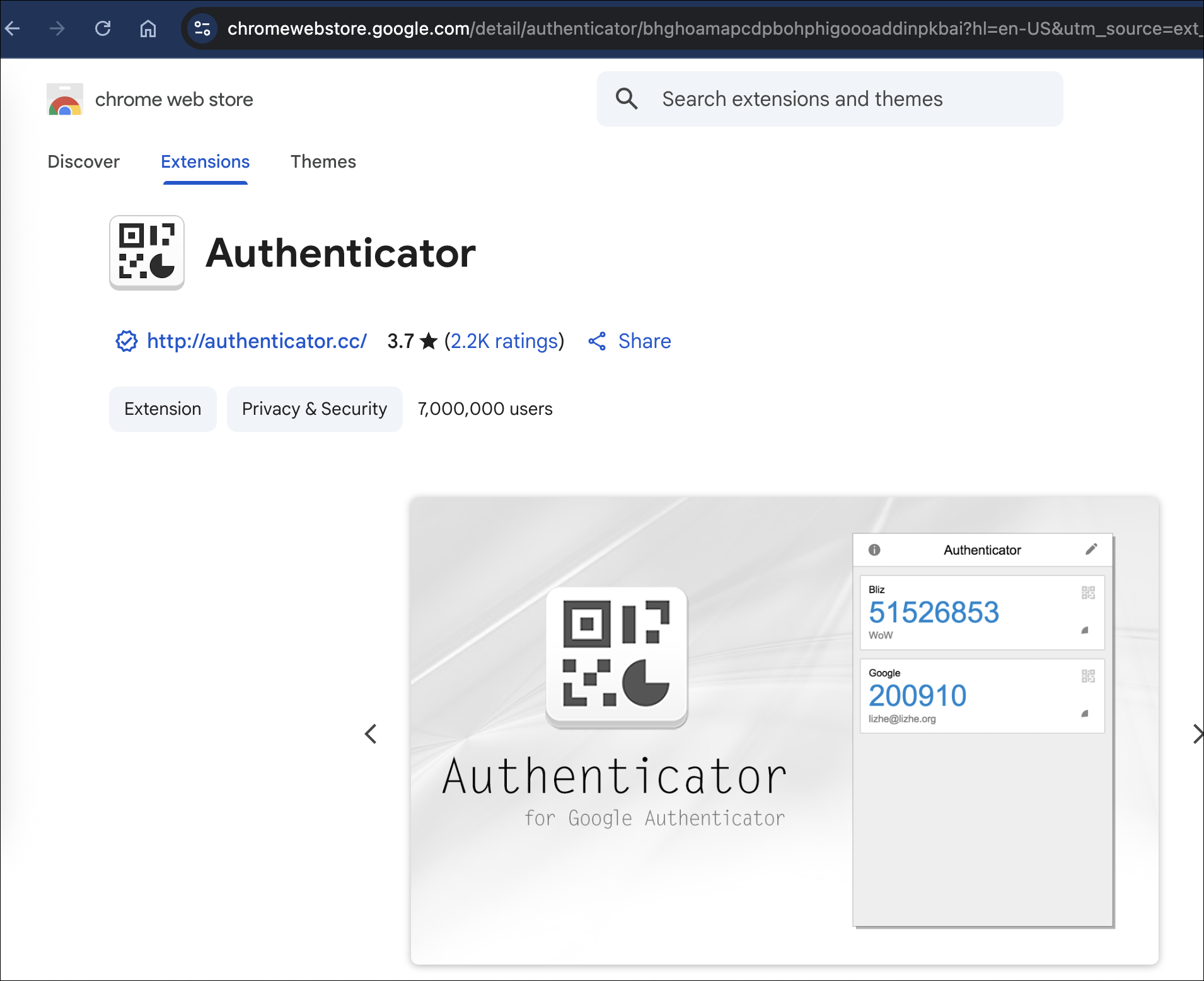 Screenshot showing chrome extension authenticator