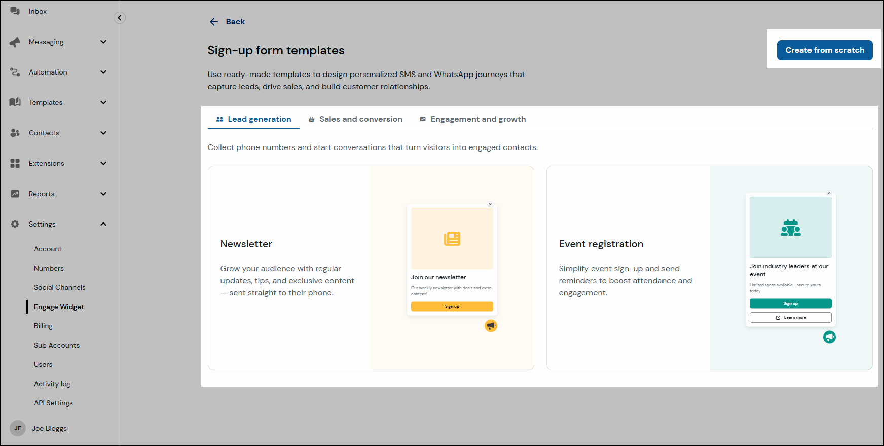 Screenshot showing the 'create from scratch' button and the different template options. 